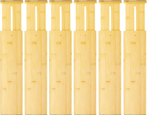 Miniatura 10 de VaeFae Paquete de 6 separadores de cajones de bambú ajustables, organizador de cajones expandible para utensilios de cocina, ropa, baño, oficina, se