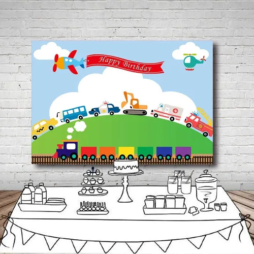 Miniatura 5 de Telón de fondo de fiesta de cumpleaños para automóvil, tren, aviones, automóvil, camión, niño, primer cumpleaños, cielo azul, nube, césped, verde