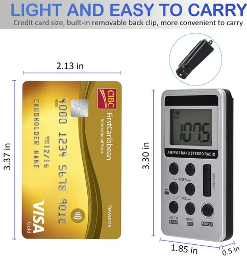 Miniatura 6 de Radio AM FM portátil con pantalla LCD de sintonización digital, radio de bolsillo recargable SWDSTP con auriculares estéreo y clip de cinturón