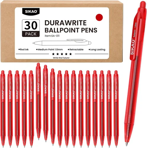 Bolígrafos rojos a granel, paquete de 30 bolígrafos retráctiles, punta media de 0.039 pulgadas, bolígrafos de tinta roja a granel para profesores de
