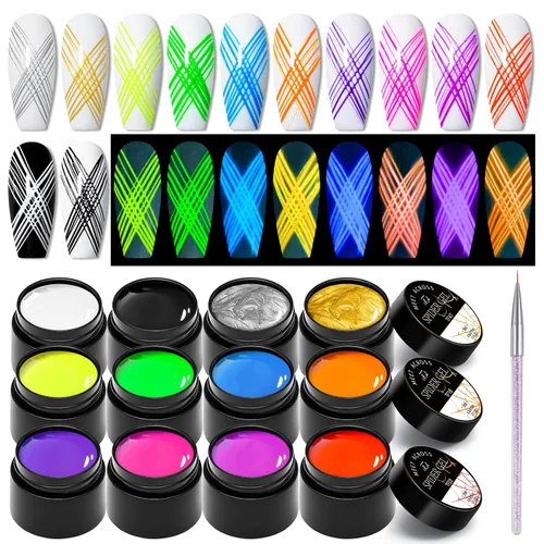 Gel de araña luminoso de 12 colores, gel de araña que brilla en la oscuridad para arte de uñas, gel de dibujo de alambre elástico para línea con