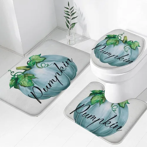 Miniatura 9 de Tapete de baño de 3 piezas de otoño con diseño de calabaza, color azul y verde, hojas de arce, cosecha, decoración de Acción de Gracias, juego