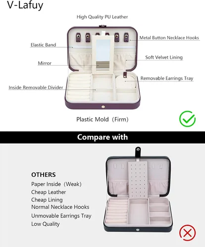 Miniatura 3 de V-LAFUY Organizador de viaje de joyería caja de joyería de viaje portátil pequeño estuche de joyería de viaje con espejo caja de joyería pequeña
