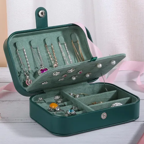 Miniatura 2 de Joyero de viaje, organizador de joyas pequeño de piel sintética para mujeres y niñas, mini estuche de viaje portátil de doble capa, cajas