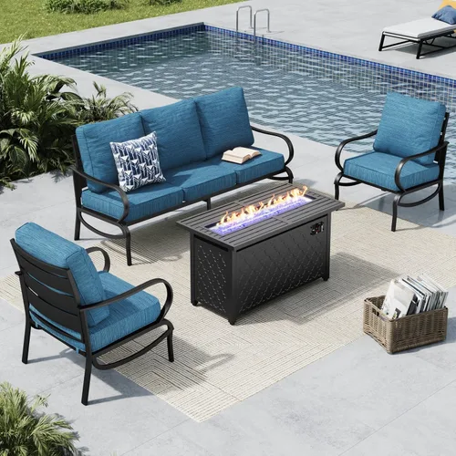 Miniatura 60 de MFSTUDIO Juego de muebles de patio de 6 piezas con mesa de fogata de gas de 45 pulgadas (hasta 7 asientos), sofás de conversación de patio con marco