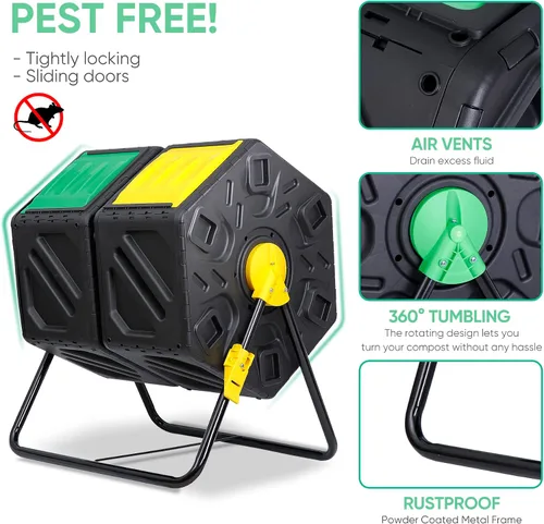 Miniatura 9 de JupiterForce Contenedores de compostaje de doble cámara, vaso giratorio de compost con 2 puertas correderas para jardines al aire libre, para todas
