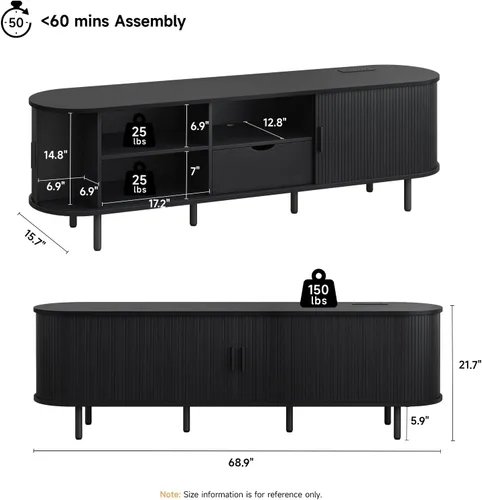 Miniatura 2 de ONBRILL Soporte de TV de 69 pulgadas con toma de corriente para televisores de hasta 80 pulgadas, centro de entretenimiento con almacenamiento