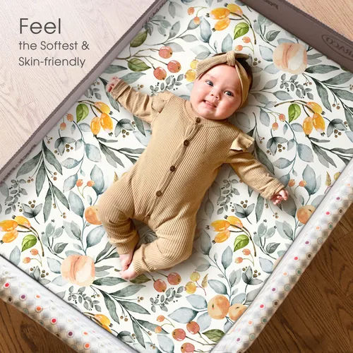 Miniatura 3 de GRSSDER Juego de 2 sábanas ajustables de punto de jersey elástico ultra suave, sábanas portátiles/minicuna para niñas, flores y frutas en acuarela