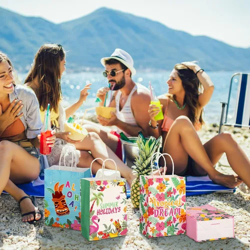 Miniatura 4 de Outus 24 Piezas Bolsas de Favor de Fiesta Hawaiana de Verano Bolsas de Papel de Regalo Tropical Goodie con Asas Aloha Tiki Luau Hojas de Palma