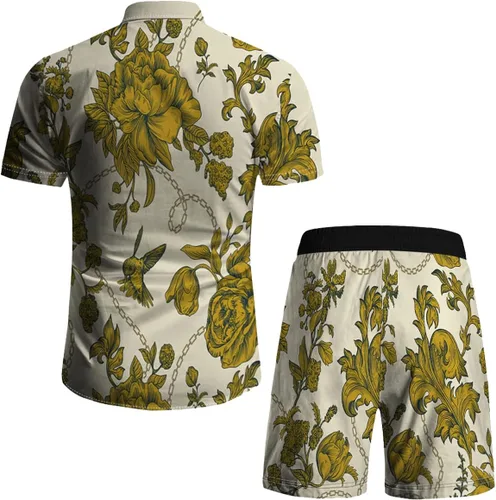 Miniatura 30 de RPOVIG Conjunto de playa a juego con camisas y pantalones cortos para hombre, ropa floral hawaiana para festival, conjuntos de 2 piezas con sombrero