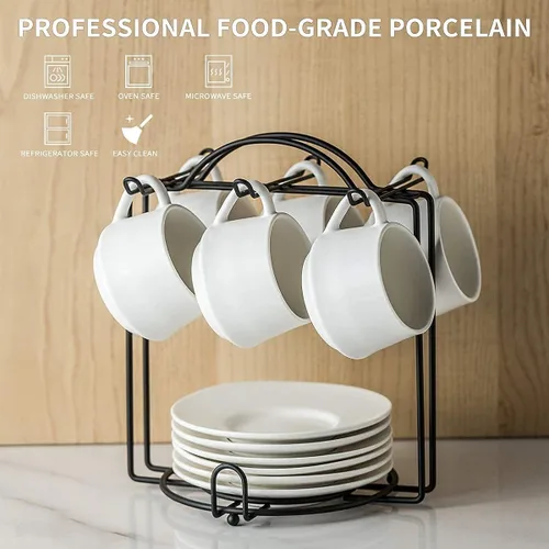 Miniatura 2 de Tazas de café expreso con platillos y soporte de metal, juego de 6 tazas de capuchino de 4 onzas, taza de té para fiesta de té, color blanco