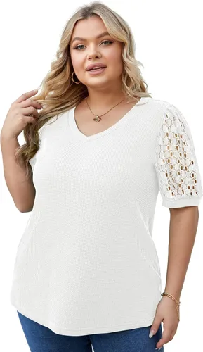 Miniatura 3 de OLRIK Plus Size Tops for Women Summer Blouse Waffle Knit Short Lace Sleeve Shirts