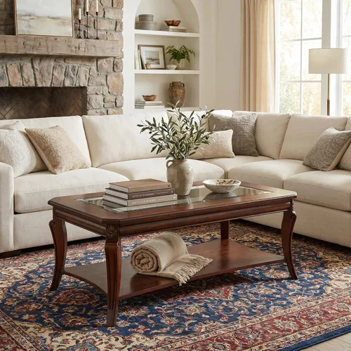Miniatura 13 de Mesa de centro de madera maciza con estante de almacenamiento, mesa de centro rectangular moderna de mediados de siglo para sala de estar, mesa