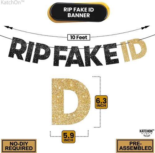 Miniatura 4 de KatchOn, Cartel de identificación falso con purpurina RIP negro y dorado – Prestrung, 10 pies Cartel de identificación falso para decoraciones