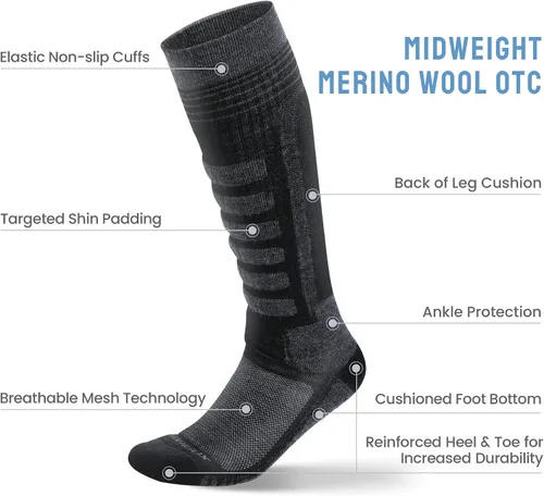 Miniatura 3 de 2 pares de calcetines de esquí de lana merina, fabricados en Estados Unidos, calcetines de esquí y snowboard para hombres y mujeres (Ashland)
