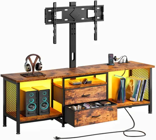 Miniatura 10 de Soporte de TV de 55 pulgadas de ancho con soporte y toma de corriente para TV de 32/45/55/60/65 pulgadas, consola LED giratoria y ajustable con 2