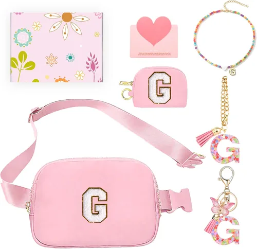 Miniatura 54 de Regalos de moda para niñas adolescentes, cangurera con monograma para niña con llavero, collar, dijes de taza, tarjeta de felicitación y caja