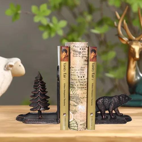 Miniatura 4 de Sujetalibros decorativos de oso de hierro fundido resistente para estantes, extremo de libro de estatua de pino y oso, decoración de estantes