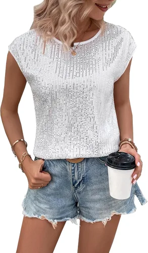 ClearFlower Camisetas de lentejuelas para mujer, cuello redondo, sin mangas, brillante, sexy, camiseta corta sin mangas, ropa de club, camisola