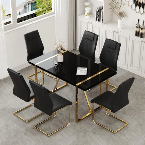 Miniatura 35 de Moderno juego de mesa de comedor para 4, juego de mesa de comedor dorado de 55 pulgadas con 4 sillas de piel sintética negra, mesa de madera negra