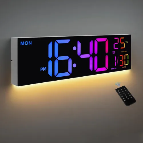 Miniatura 8 de HAITANG Reloj de pared digital de 8 colores, reloj digital grande de 16.2 pulgadas con temperatura, fecha, DST automático, luz nocturna, atenuador