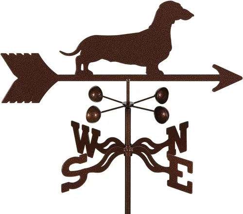 EZ Vane - Veleta para perro salchicha — Montaje en 4 lados, vasos de viento, acabado de cobre antiguo, acero con revestimiento de triple polvo