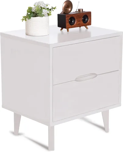 Miniatura 9 de Mesita de noche de madera con mango ranurado moderno de mediados de siglo, cajón de almacenamiento y estante, mesa auxiliar de noche, 2 cajones Negro