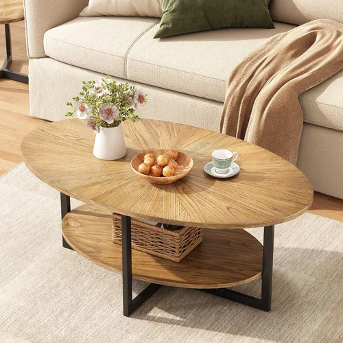 Mesa de Centro Ovalada de Madera Maciza con Patas de Metal Cruzadas, Mesa Central Industrial Moderna de 43.3 Pulgadas con Estante Abierto Mesa de