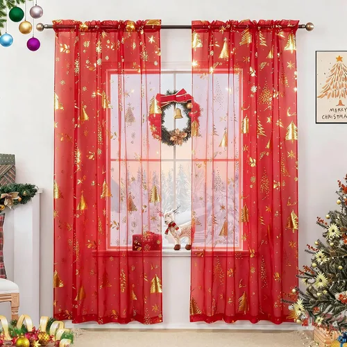 Miniatura 9 de Cortinas traslúcidas de Navidad para sala de estar, cortinas transparentes con estampado de copos de nieve de lujo, cortinas con bolsillo