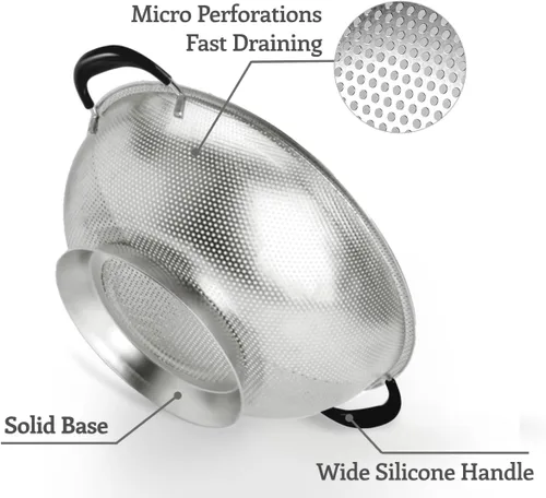 Miniatura 3 de Colador de 5 cuartos de galón, colador de acero inoxidable 18/8, mango de silicona, colador microperforado de fácil agarre, resistente