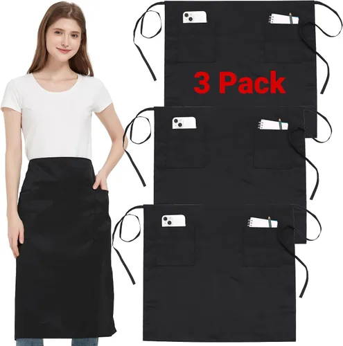 Miniatura 18 de Paquete de 3 delantales de cintura con 3 bolsillos, delantales de camarero unisex negros, delantales resistentes al agua para restaurante, chef y bar
