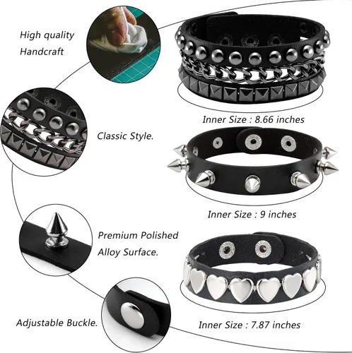 Miniatura 3 de Eigso 3 pulseras punk de cuero para hombres y mujeres de Rock Rivet Wrap Retro Spike pulsera ajustable