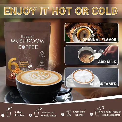 Miniatura 7 de Café de hongos, café instantáneo de hongos con 6 hongos melena de león, cordyceps, cola de pavo y otros para energía, concentración, digestión
