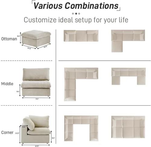 Miniatura 7 de Sofá seccional modular Cloud, sofá de gran tamaño de 8 plazas, sofás convertibles en forma de U de 160.6" con otomano de almacenamiento para sala