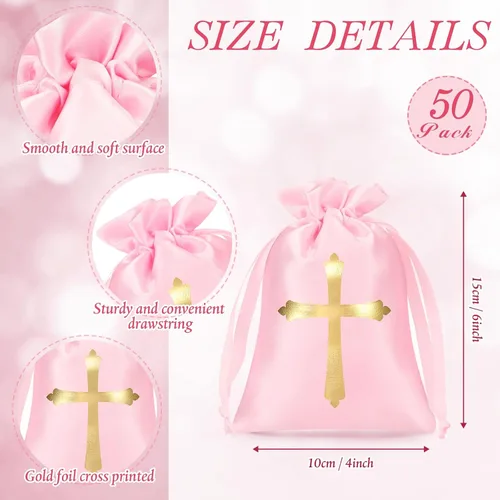 Miniatura 2 de PerKoop 50 bolsas de regalo de satén para bautismo con cordón de 4 x 6 pulgadas, bolsas de regalo religioso con cruz, bolsas de joyería