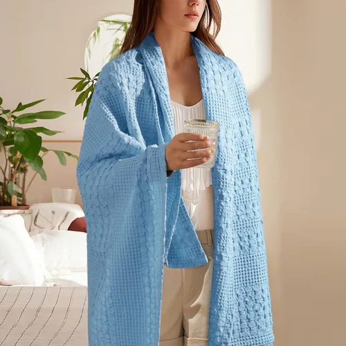 Miniatura 2 de PHF - Manta tejida de punto gofre 100% algodón, suave, ligera, transpirable, acogedora, de verano, para sofá y cama, tejida, estética, decoración