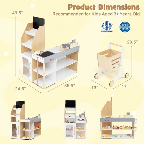 Miniatura 8 de HONEY JOY Juego de Tienda de Comestibles para Niños, Tienda de Comestibles de Madera de Juego de Simulación con Carrito, Soporte de Caja
