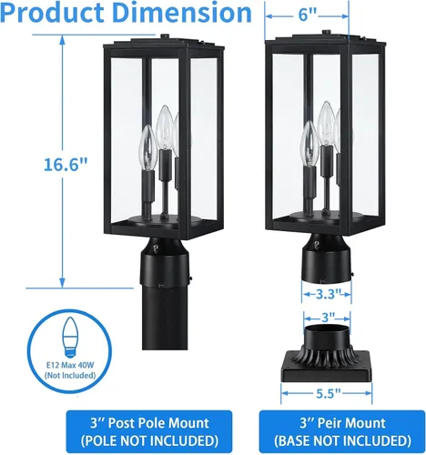 Miniatura 7 de Luz de poste de 16.6 pulgadas para exteriores, lámpara grande de 3 luces, moderna iluminación exterior de pilar impermeable, poste de farol