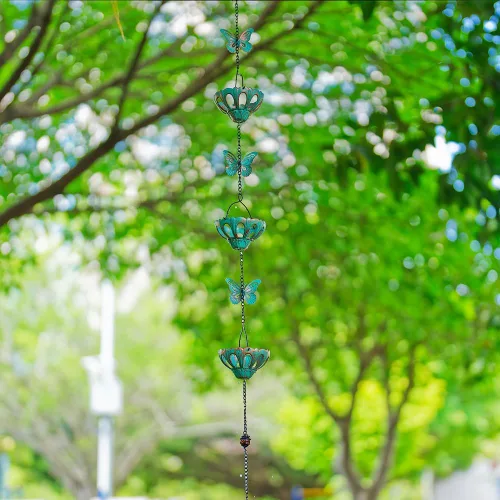 Miniatura 5 de Cadenas de lluvia de 12 pies para exteriores, cadena de lluvia de metal con decoración de mariposa, cadena recolectora de lluvia ajustable con Verde