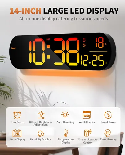 Miniatura 2 de Reloj de pared digital grande de 14", cuenta regresiva, alarma, LED grande, 11 colores RGB, temperatura para sala de estar, aula, escritorio, regalo