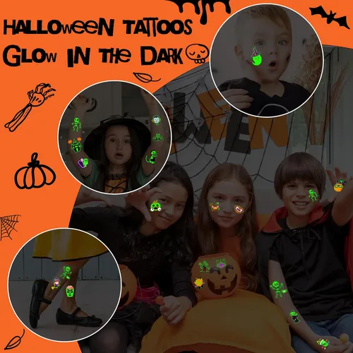 Miniatura 5 de U-Goforst 200 tatuajes de Halloween, recuerdos de fiesta de Halloween que brillan en la oscuridad, tatuajes temporales de Halloween, golosinas
