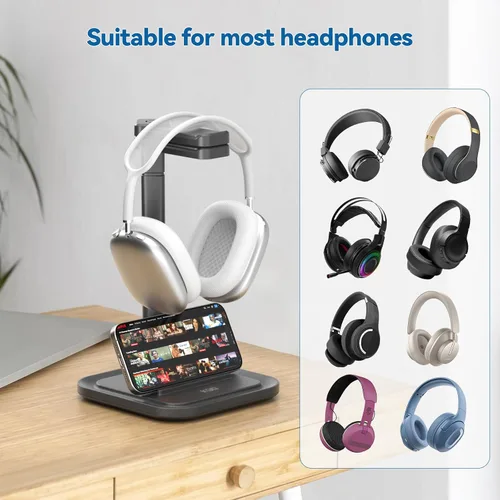 Miniatura 7 de KDD Soporte doble para auriculares para escritorio, colgador giratorio para auriculares con soporte para teléfono, base antideslizante extraíble