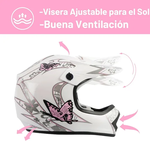 Miniatura 2 de Juego de casco DOT con gafas y guantes para motocross, cuatrimoto y vehículos todoterreno para niños y jóvenes, diseño de mariposa rosada, talla M