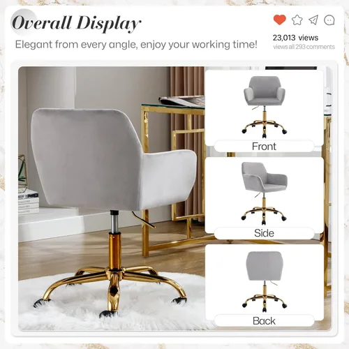 Miniatura 8 de Silla de Escritorio Giratoria de Piel Sintética de 360°, Moderno Sillón de Oficina en Casa Ajustable en Altura con Base Dorada para Adolescentes