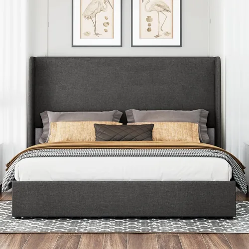 Miniatura 7 de Jocisland - Base de cama tamaño Queen con plataforma de almacenamiento abatible, tapizada en lino, con cabecera abatible moderna/almacenamiento