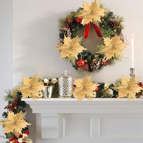 Miniatura 5 de Flores de Pascua de Navidad con purpurina de 10'' de stadeco, 10 unidades, adornos de árbol de Navidad con flores artificiales con tallos largos