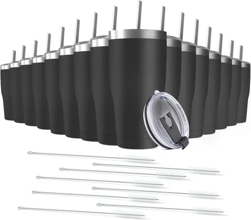 Miniatura 13 de Paquete de 8 vasos de acero inoxidable de 30 onzas a granel reutilizables con tapa, taza de café con recubrimiento de polvo de doble pared
