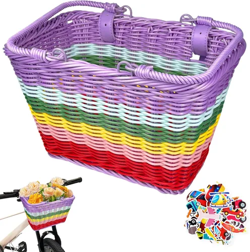 Miniatura 9 de Cesta de bicicleta para niños y niñas, cesta de scooter para niños, bonita cesta cuadrada de mimbre para niños y niñas, manillar desmontable con Azul