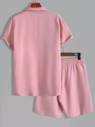 Miniatura 2 de MakeMeChic Conjunto casual de 2 piezas para hombre cuello con solapa manga corta botones y pantalones cortos