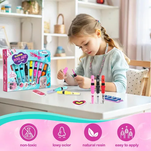 Miniatura 5 de Juego de 8 bolígrafos de arte de uñas para niños, esmalte de uñas no tóxico y purpurina con punta de garabato, kit de arte de uñas para niñas de 7 a